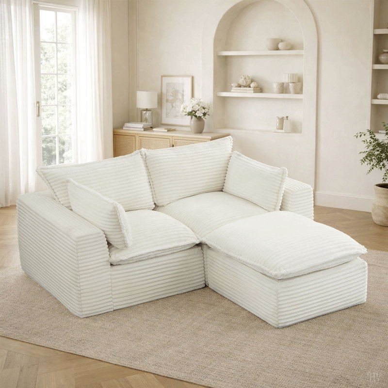 Canapé modulaire en L 78,8 po avec repose-pieds modulaire en velours côtelé sans assemblage pour animaux de compagnie, Blanc
