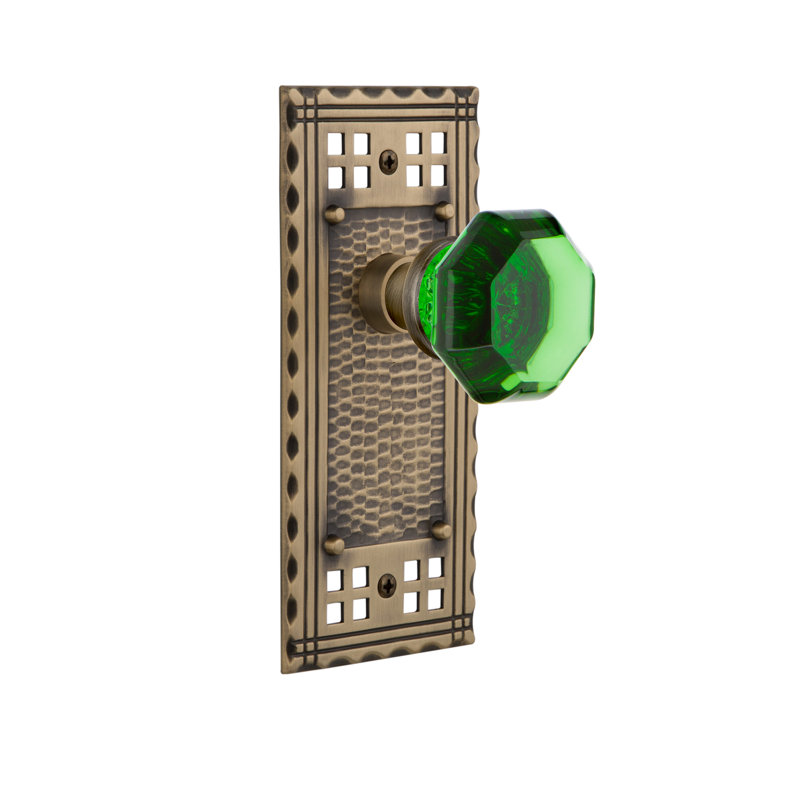 Craftsman Plate with Waldorf Emerald Door Knob, 2-3/4”, Antique Brass
