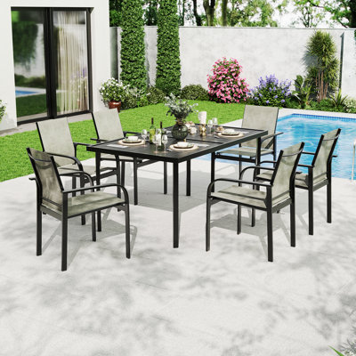 7-Piece Patio Dining Set with 55" Rectangular Iron Table & 6 Textilene Chairs, All-Weather Wood-Grain Outdoor Furniture for Backyard & Garden