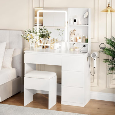 Vanity Desk With Led Mirror, Makeup Vanity Desk With 4 Drawers, Power Outlets, Storage Stool, Storage Shelves & Hair Dryer Holder , Adjustable 3 Lighting Modes, Makeup Vanity Set For Bedroom