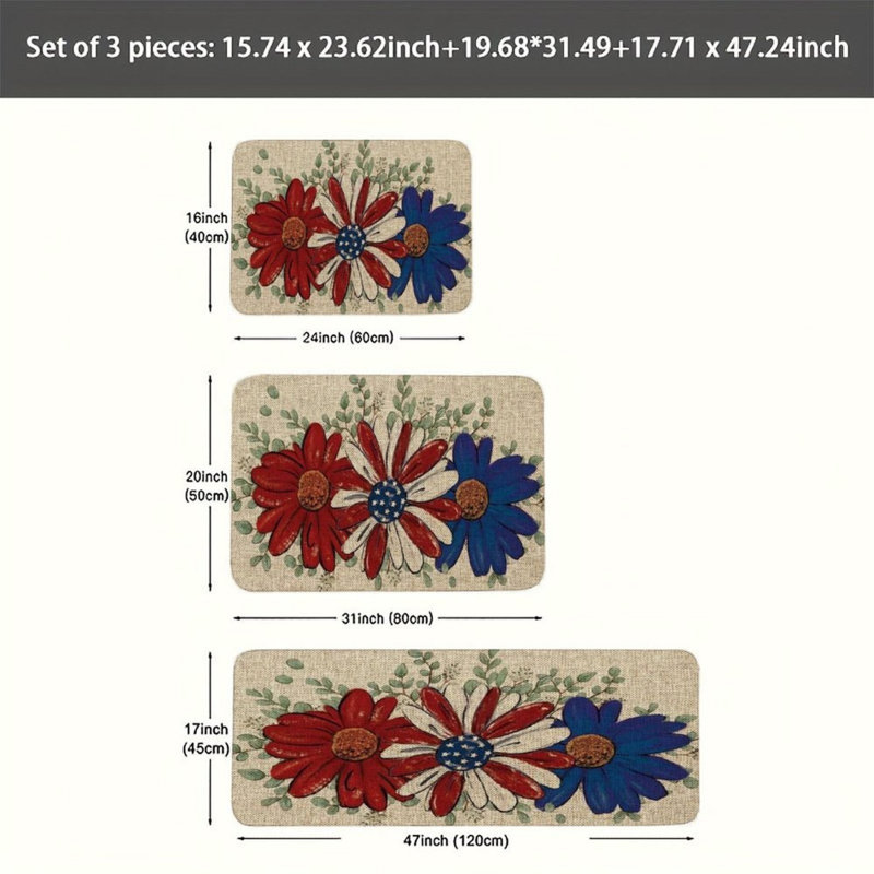 Ensemble de 3 tapis de cuisine Patriotic Daisy, Rouge / bleu floral 3