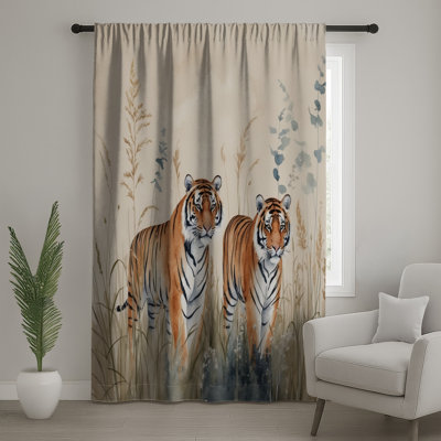 Two Tigers In Grass Window Curtains, Tigers Sheer & Blockout Curtains - 1 Panel