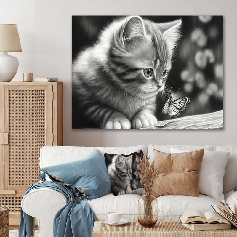 Monchrome, dessin numérique du petit chaton - reproduction sur toile, H 16 po x l 32 po x P 1 po, Toile tendue