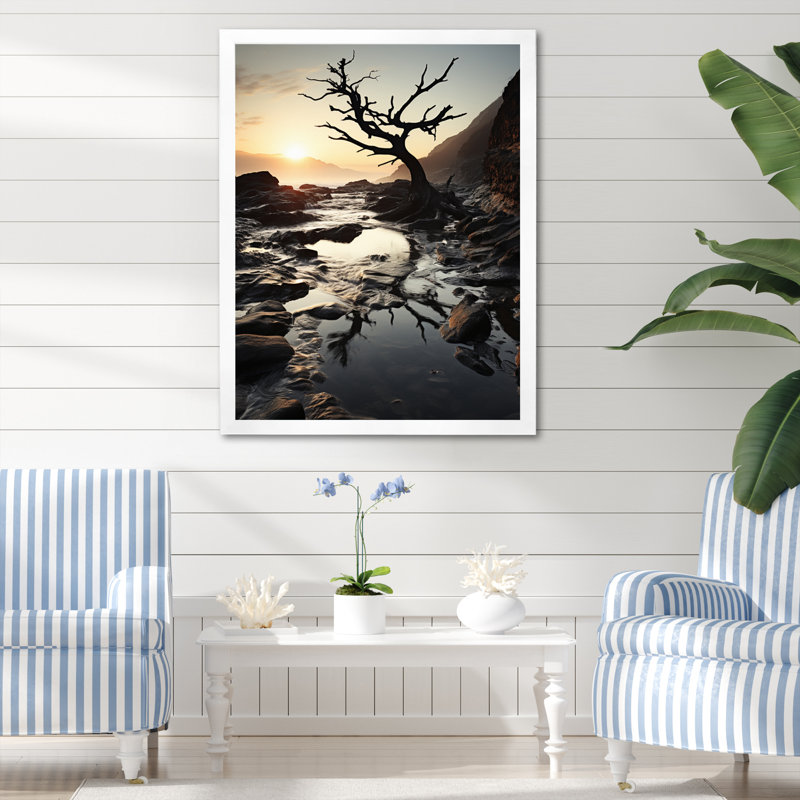 «Beach Tree Scenery - Nautical & Beach», reproduction d'art sur toile, H 32 po x l 16 po x P 1 po, Cadre photo blanc