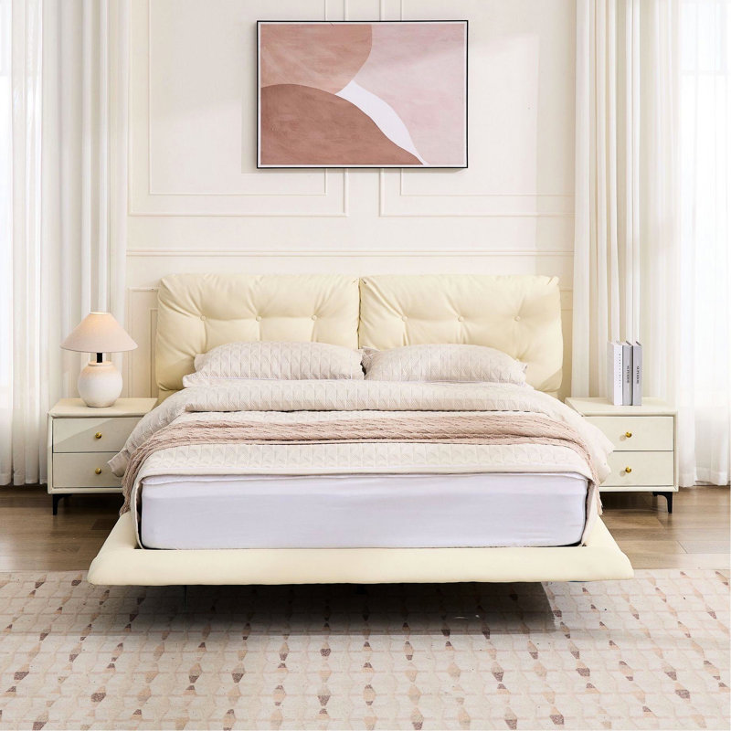 Cadre de lit grand blanc avec lumières à DEL, revêtu de cuir PU, lit flottant à boutons. Des pieds dissimulés, télécommandés pour un espace de chambre à coucher serein, des lumières en cuir stables et faciles à monter