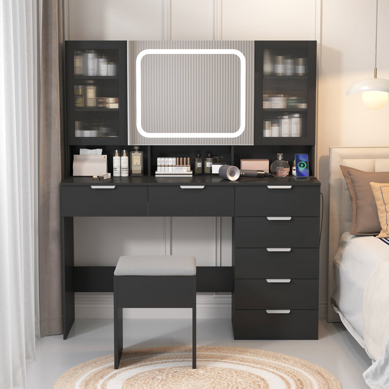 Large Makeup Vanity Set with Lights, USB & Power Outlet and 7 Drawers, Black