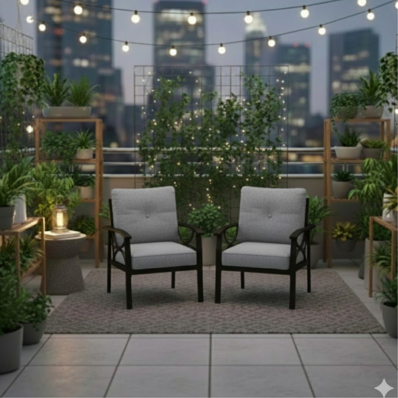 Fauteuil en métal résistant aux intempéries, 2 chaises avec structure noire et coussins gris, structure de jardin à faible entretien, housses hydrofuges, grandes arrière-cours près de la piscine