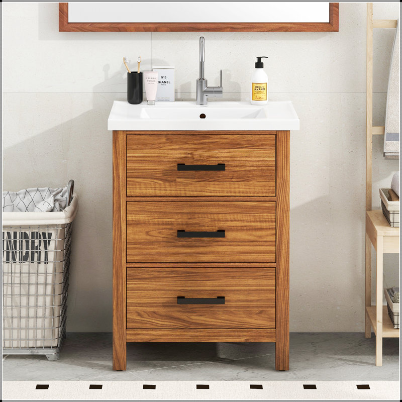 24-Inch Modern Bathroom Vanity With Ceramic Basin, 3-Drawer Storage, Freestanding Cabinet For Small Bathrooms