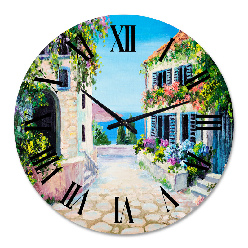 Horloge murale nautique et côtière, maisons blanches avec fleurs en fleurs près de la mer, Surdimensionné