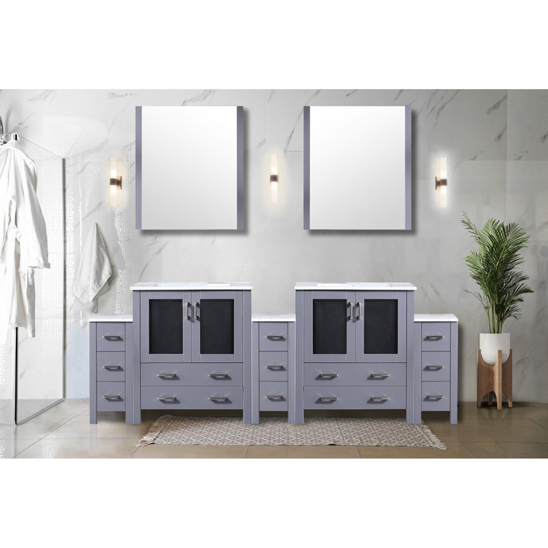 96 In. Wide Dark Grey Double Bath Vanity With Side Cabinets, Ceramic Top, Mirrors, And Customizable Storage Practical