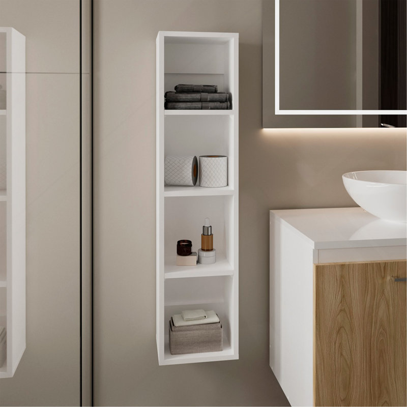 Armoire de rangement murale haute en bois manufacturé avec 4 tablettes ouvertes, organisateur de salle de bain mince