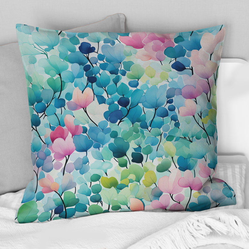 Coussin décoratif imprimé aquarelle rose et bleu II, H 18 po x l 18 po