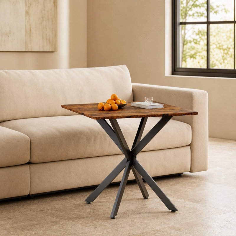 Table d'appoint carrée avec support en métal en X et plateau de table texturé grain de bois, table de bout industrielle polyvalente