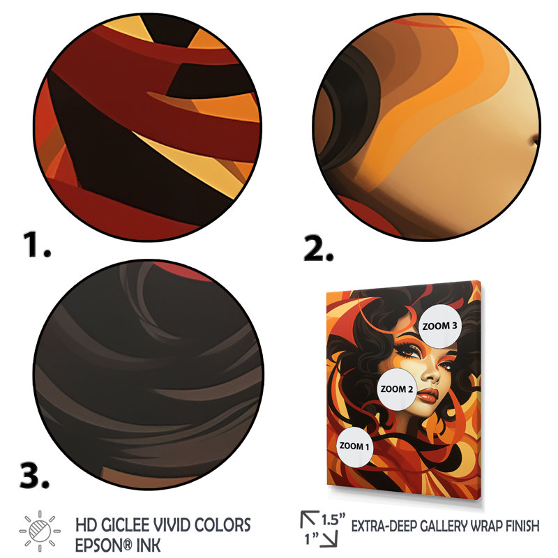 Orange et noire mode femme Diva - Art mural Pop Art, Cadre flottant doré, 32" H x 16" W