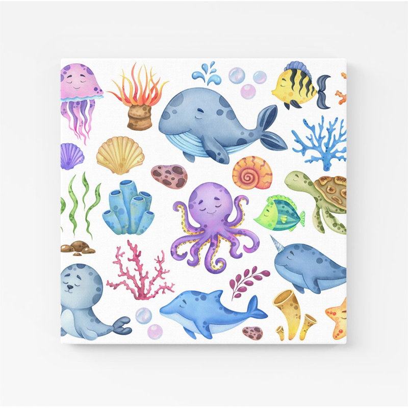 Children'S Sea Life - Wrapped Canvas Print, 16cm H x 16cm W x 3.8cm D