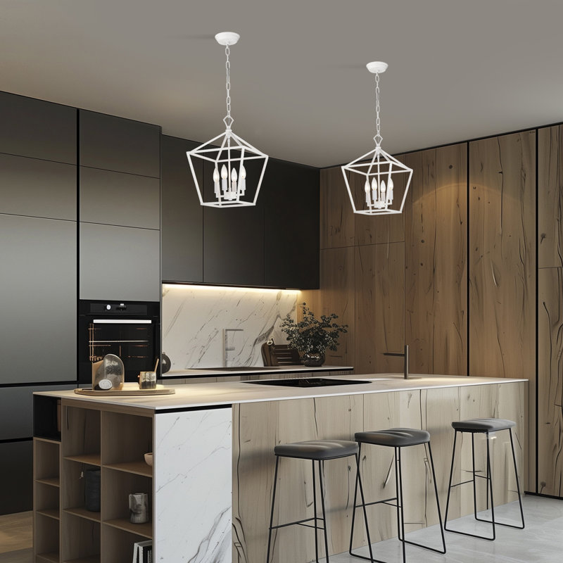 Aspen 4-Light Dimmable Lantern Geometric Chandelier, White, 57.5" H x 12" W x 12" D