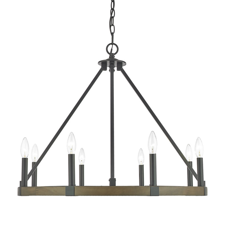 Lustre en roue de chariot unique et remarquable à 8 lumières avec détails en bois Minooka
