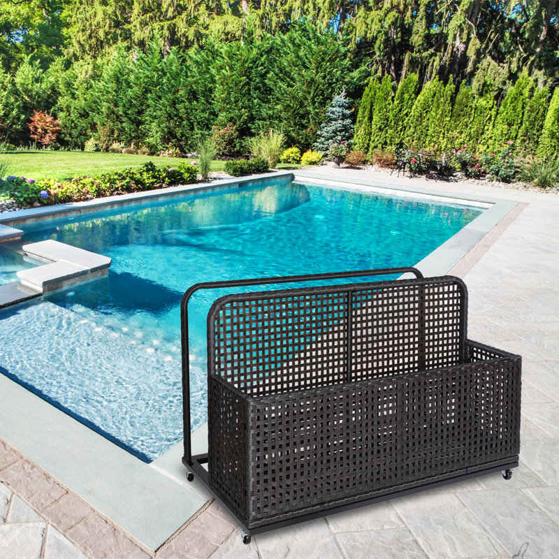 Poolside Float Storage, Outdoor Storage, Patio Poolside Float Storage Basket, Storage Box, PE Rattan Outdoor Pool Caddy with Rolling Wheels
