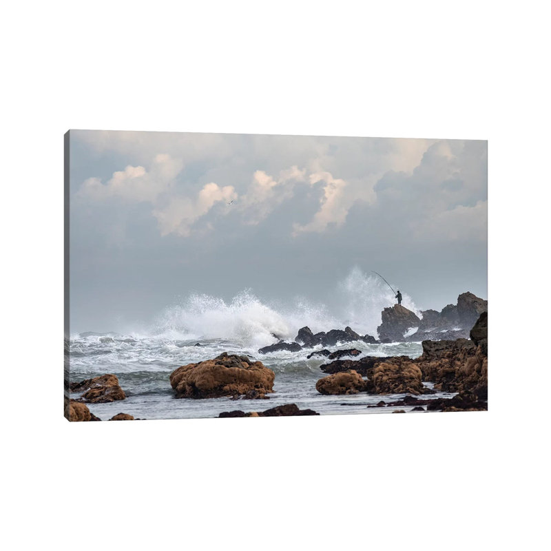 Africa, Morocco, Casablanca. Man Fishing Amid Ocean Waves. 1 Piece Wrapped Canvas Wall Art, 30.48cm H x 45.72cm W x 1.905cm D