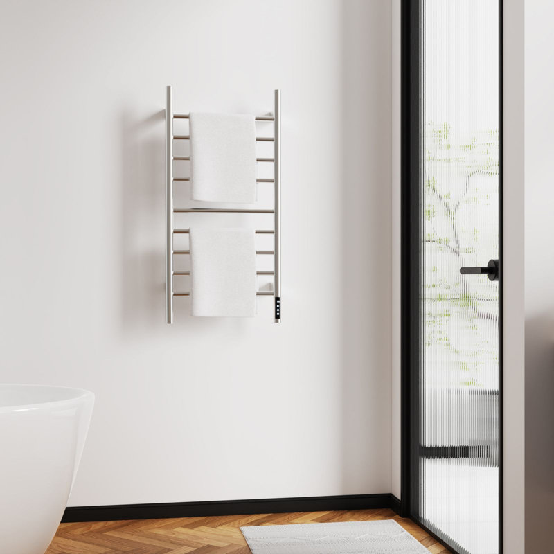 Brushed Nickel  Heated Towel Rack For Bathroom,Wall Mounted With Intelligent Touch Screen Timer, 9-Bar Towel Warmer, 304 Stainless Steel Polished, Plug-In/Hard-Wired