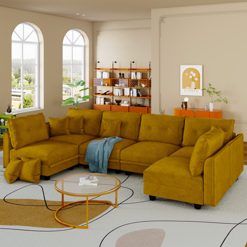 6 Seat Corduroy Convertible Modular Sectional Sofa With Storage, 4 Back Cushion 6 Throw Pillow, Yellow Corduroy