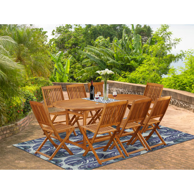 9 Piece Patio Dining Set Includes an Oval Outdoor Acacia Wood Table and 8 Folding Side Chairs, 36x78 Inch, Natural Oil