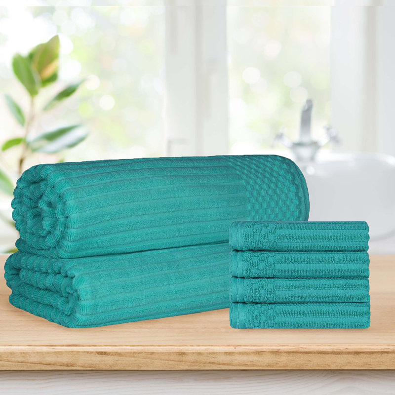Keshayla Ribbed Cotton Absorbent Heavy 4pc Hand Towel and 2pc Bath Sheet Set, Turquoise