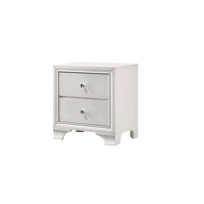 Table de chevet moderne en bois massif blanc avec deux tiroirs et un motif de crocodile