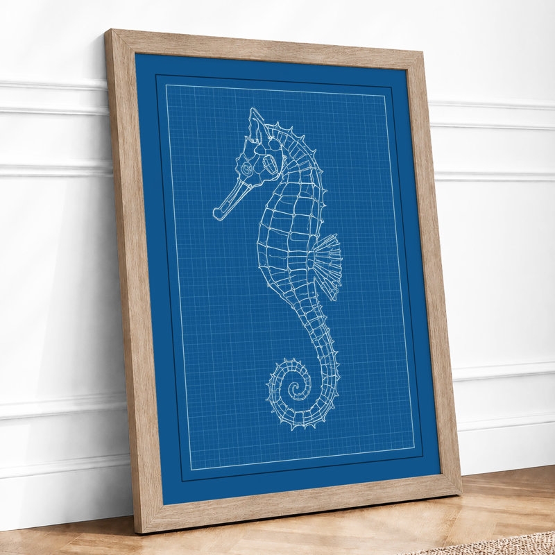Seahorse Blueprint Modern - Framed Print, A3 - 42.0 x 29.7 cm, Oak
