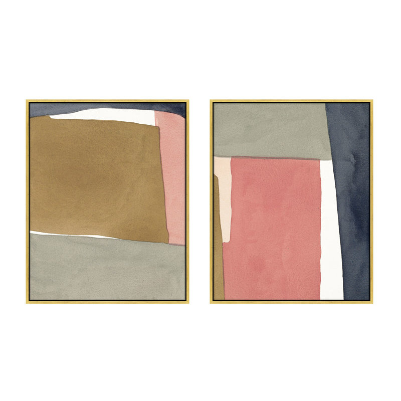 Natual Pink Set Of 2 by Julia Balfour, White Framed Canvas, Gold, 20" H x 16" W x 1.4" D
