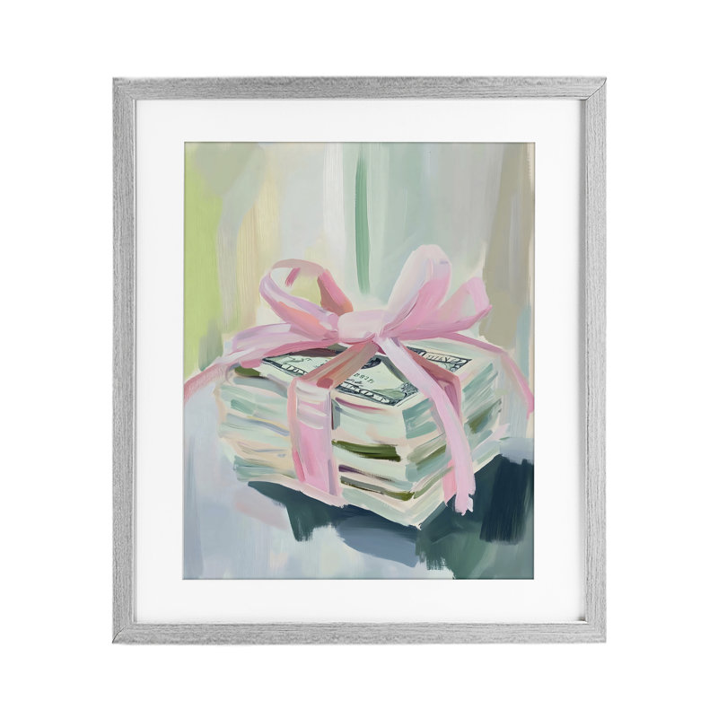 «Pink Bow Cash», reproduction sous verre encadrée, design par The Prints Vibe, 16 x 13, Farmhouse Grey Under Glass Framed