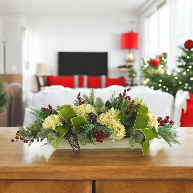 Holiday Arrangement with Hydrangeas, Ribbons and Berries