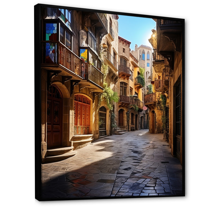 Espagne, quartier gothique de Barcelone, art mural sur toile Cityscapes, H 32 po x l 16 po x P 1 po, Cadre flottant noir