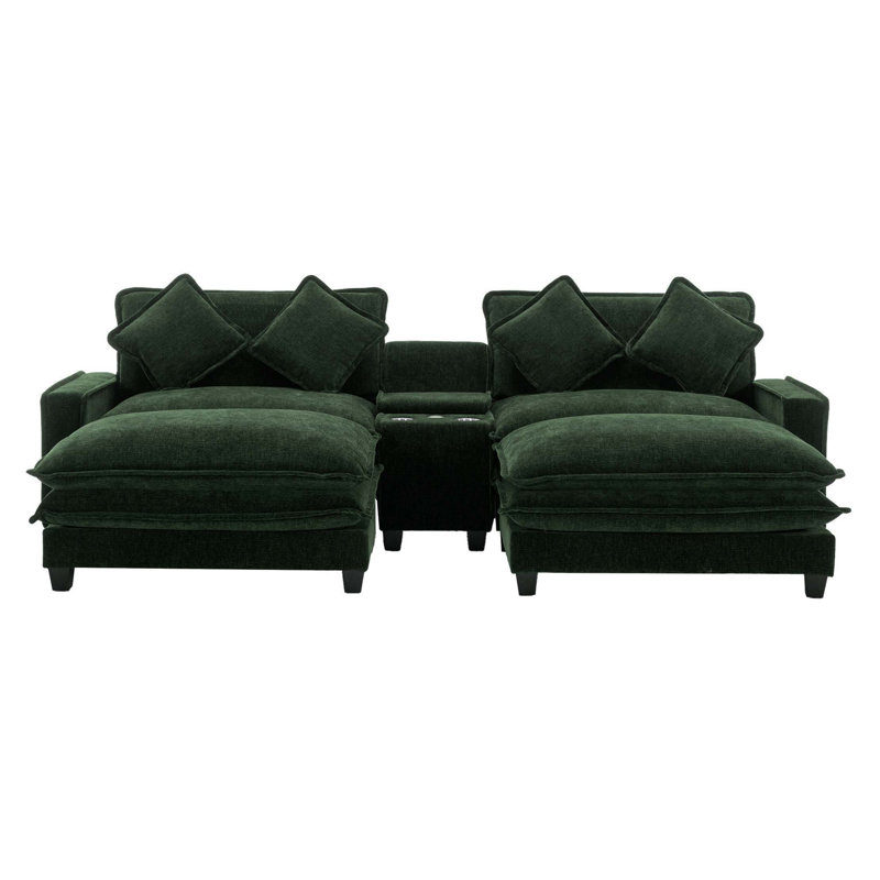 111" Sectional Sofa Chenille Upholstered Sofa with Two Removable Ottoman, Two USB Ports, Two Cup Holders and Large Storage Box for Living Room