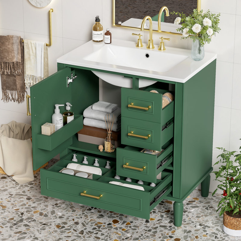 Ensemble de meuble-lavabo traditionnel, sur pied, avec trois tiroirs, portes à fermeture douce, avec de longues poignées en métal doré - parfait pour les petites salles de bain