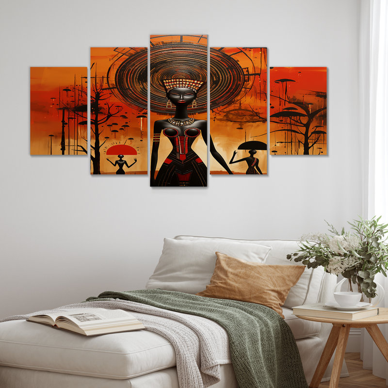 Pleine lune déesse, paysage abstrait minimal - art africain, art mural 5 pièces, H 32 po x l 60 po