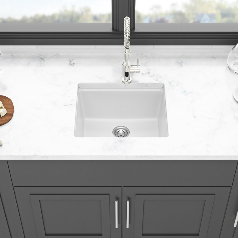 Évier de cuisine blanc en granite de quartz blanc de 21 po x 18 po pour cuisine, style encastré, lisse et sans saleté, utilisation avec support, crépines, grille, guide d'installation pour évier de cuisine, haut