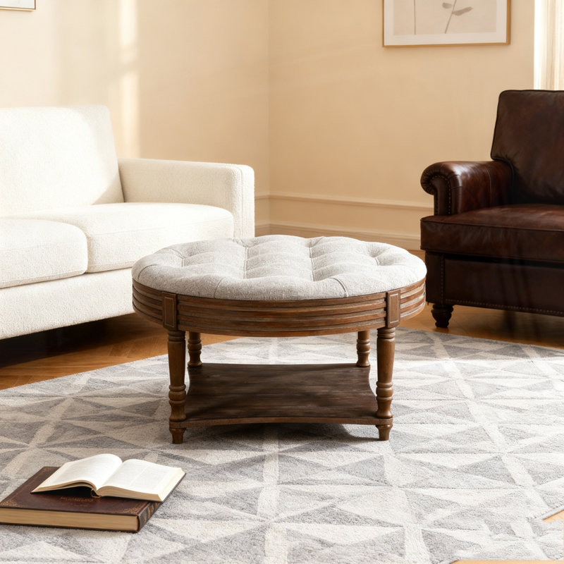 Grande table basse ronde avec repose-pieds imperméable, Plateau gris clair / base noyer