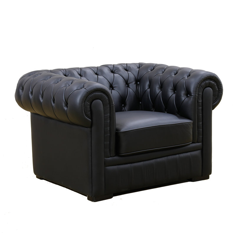 Belani 49'' Wide Genuine Cowhide Leather Chesterfield Armchair – Button Tufted, Rolled Arms, Classic Black
