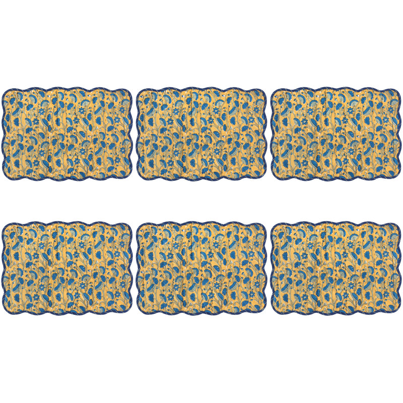 Ensemble de 6 napperons Kantha, Blue/Yellow Floral, 13" x 19"