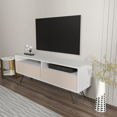 Modern TV Stand, White & Beige, 55.1 x 20.9 x 13.8 inches | 100% Melamine Coated Particle Board, Thickness: 0.7 inches | Stylish & Functional Design for Living Room, Easy Assembly, Durable & Sleek Finish