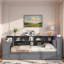 Lit plateforme en bois avec tablettes de rangement, lit gigogne, station de charge, bureau à DEL, bureau et tête de lit tapissier-871402273