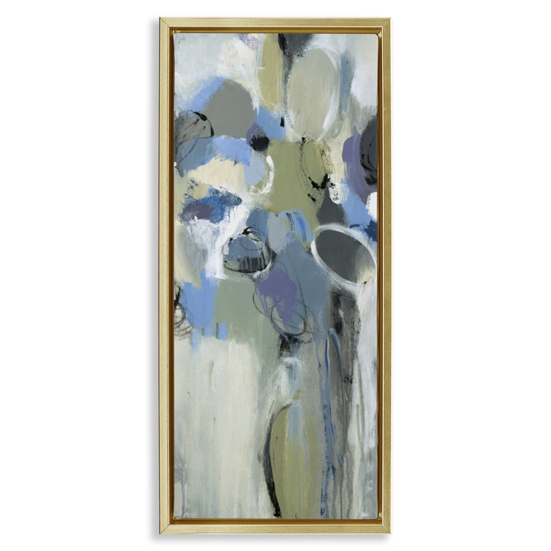 Cadre flottant abstrait beige et bleu, design par Lisa Ridgers, Cadre flottant métallique doré, H 31 po x l 15 po