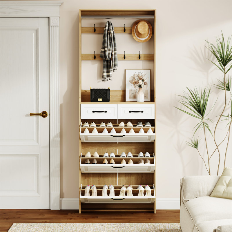 NOUVEAU Range-chaussures avec 3 portes et 2 tiroirs avec support, Bois / blanc