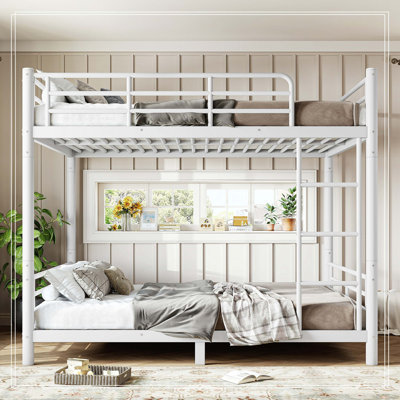 Lit superposé double au-dessus de double pour les adolescents et les adultes, peu encombrant / sans sommier tapissier, tube rond, converti en deux lits, blanc