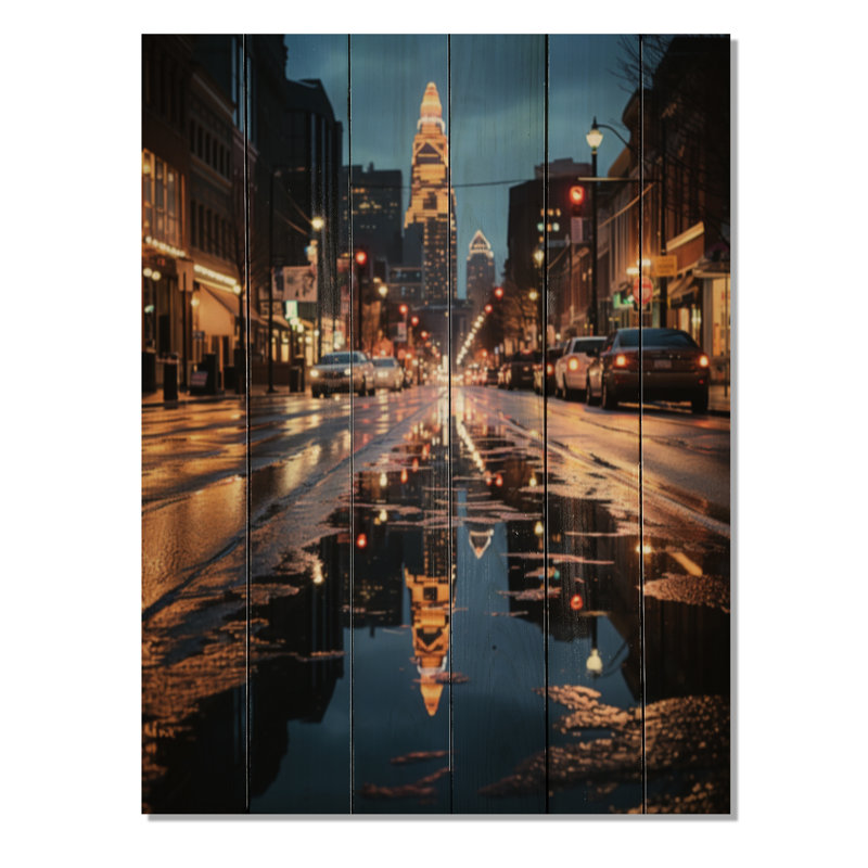 Charlotte, paysage urbain de nuit IV sur bois, H 32 po x l 24 po x P 0,78 po