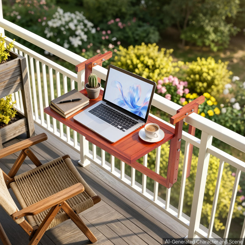 Balcony Hanging Table 22" x 11" 60 lbs Folding Railing Bar Table, for Outdoor Patio Garden Deck, Fits 3.1"-5.3" Rails, 4-Level Adjustable Height, Durable Acacia Wood Material, Space-Saving
