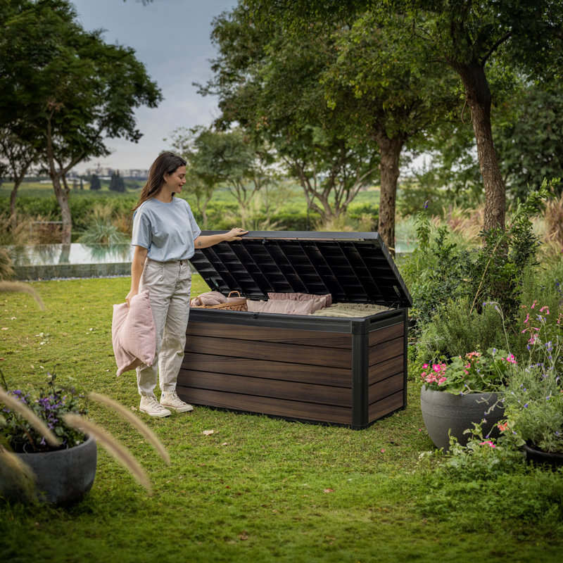 Keter Signature Collection 150 Gallon Durable Resin Outdoor Storage and Organization Deck Box Ideal For Garden Patio Furniture and Supplies, Rosewood