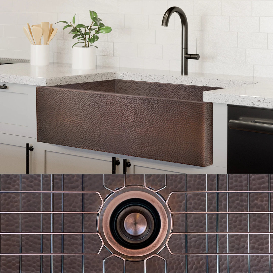 Luxury Heavy 12-Gauge Copper Farmhouse Sink, Includes Accessories, Flat Front Fossil Blu