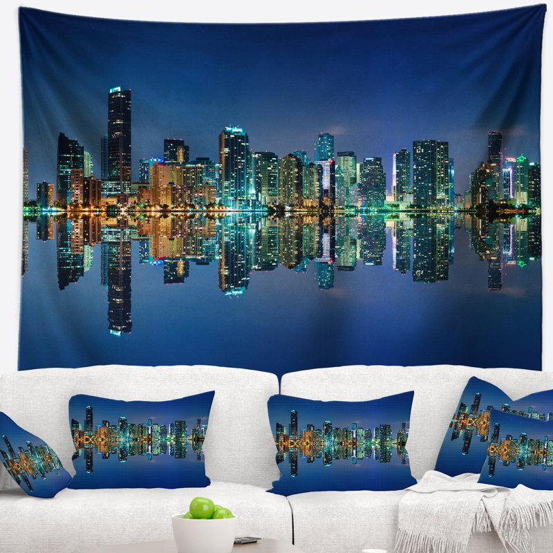 Cityscape de l’horizon de miami en polyester à la nuit avec tapisserie réfléchissant avec accessoires suspendus inclus